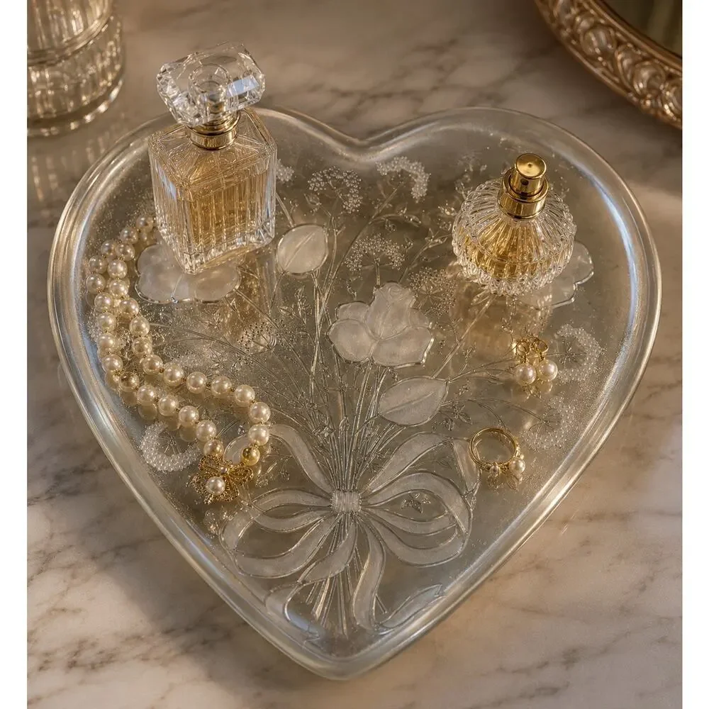 Large Heart Shaped Frosted Rose Glass Platter 13